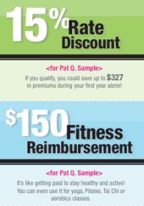 15% rate discount and $150 Fitness reimbursement coupon-like graphics